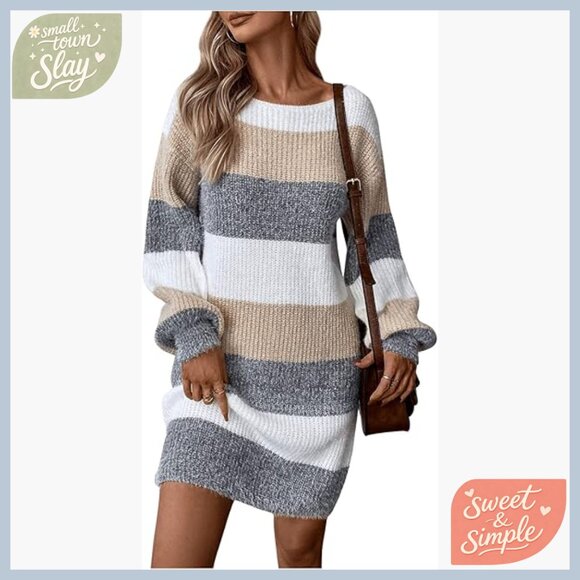 Long Sleeve Striped Knit Sweater Dress Medium Stretch Casual Fall Winter